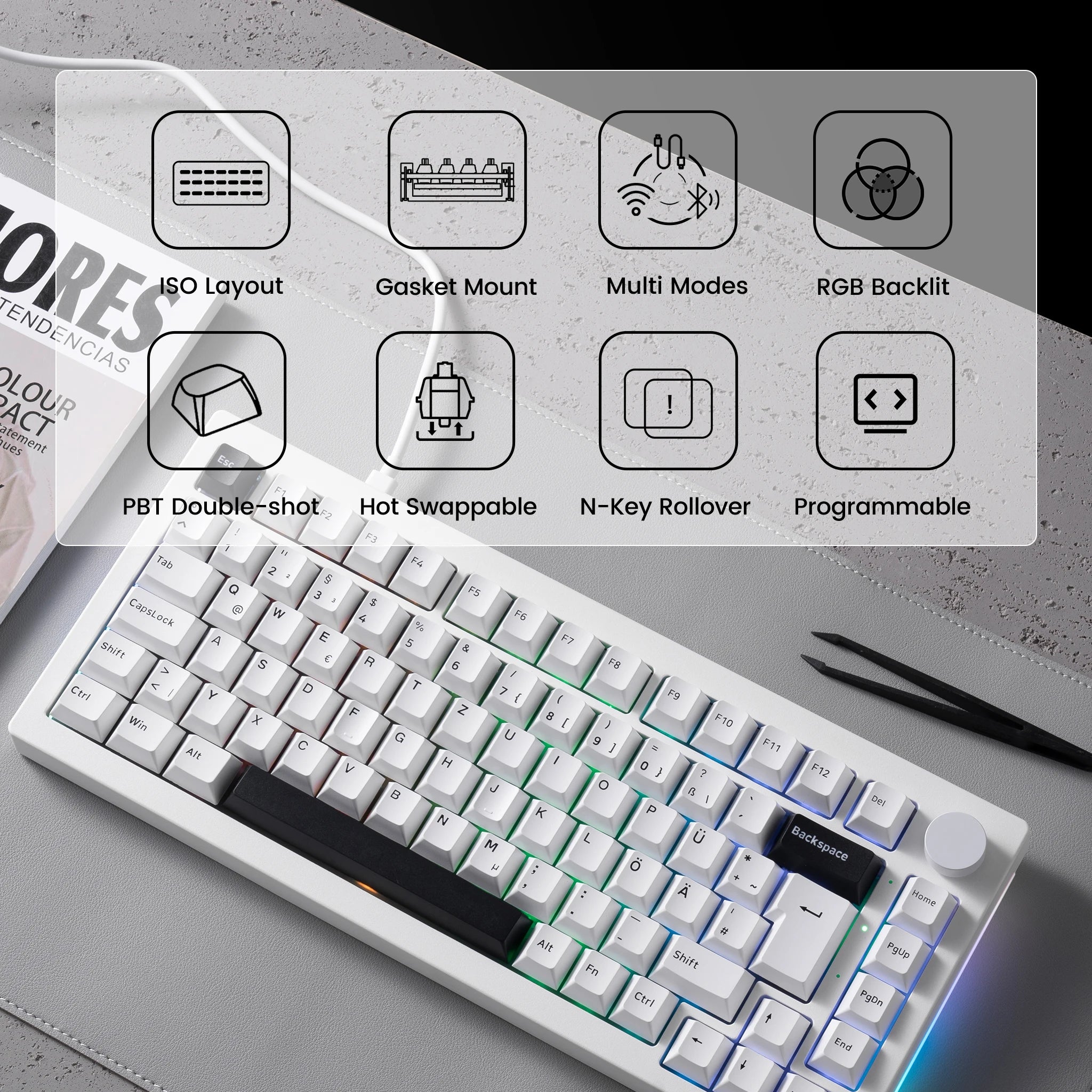 Akko 5075B Plus 75% Mechanical Gaming Keyboard ISO-UK Black On White Hot Swap Side LED RGB Multi-Modes 2.4GHz /USB Type-C/BT 5.0