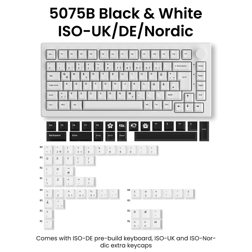 Akko 5075B Plus 75% Mechanical Gaming Keyboard ISO-UK Black On White Hot Swap Side LED RGB Multi-Modes 2.4GHz /USB Type-C/BT 5.0