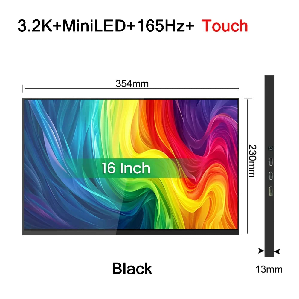 16 Inch 3.2K 165Hz MiniLED Portable Monitor 3200*2000P 1200Nit 100%DCI-P3 HDR IPS Screen Gaming Display For PC XBox PS4/5 Switch