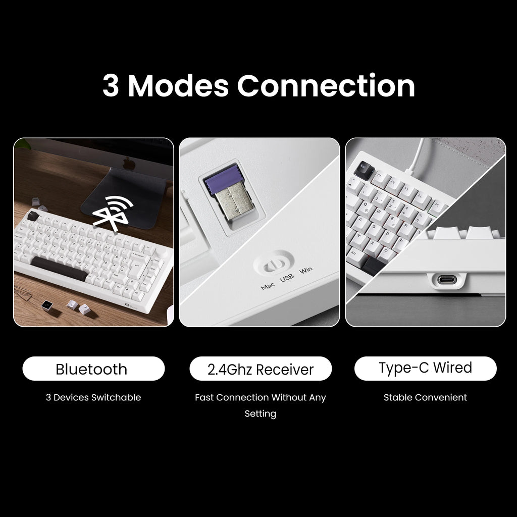 Akko 5075B Plus 75% Mechanical Gaming Keyboard ISO-UK Black On White Hot Swap Side LED RGB Multi-Modes 2.4GHz /USB Type-C/BT 5.0