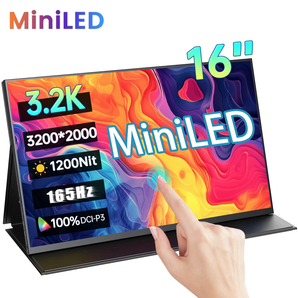 16 Inch 3.2K 165Hz MiniLED Portable Monitor 3200*2000P 1200Nit 100%DCI-P3 HDR IPS Screen Gaming Display For PC XBox PS4/5 Switch